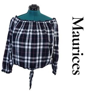 Maurices Womens Off Shoulder Long Sleeve Plaid‎ Tie Front Crop Top Large